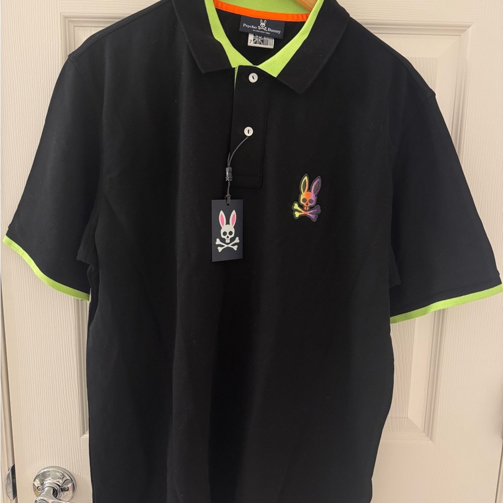 Psycho Bunny Black Polo with Neon Green Trim